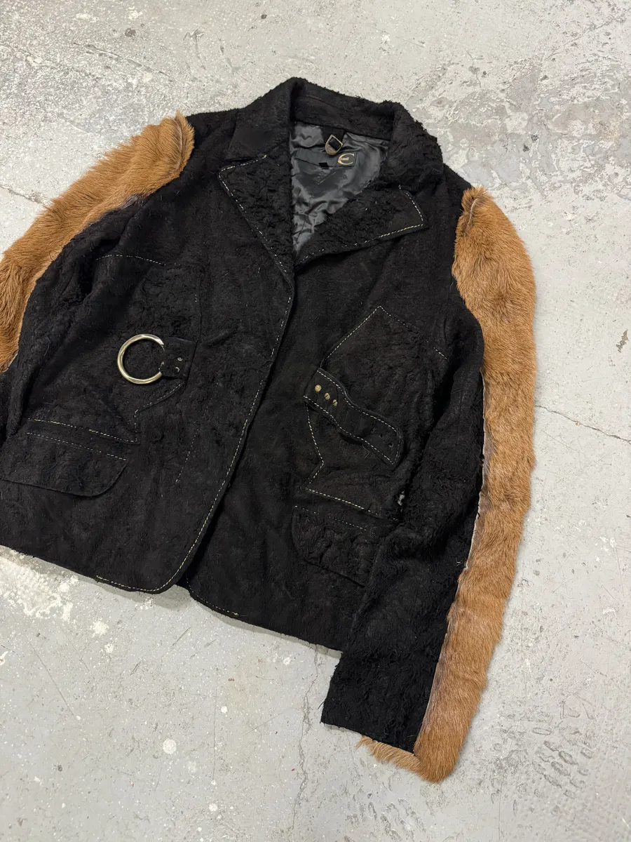 2000s Cavalli Black & Brown Fur Effect Distressed Blazer - Image 10
