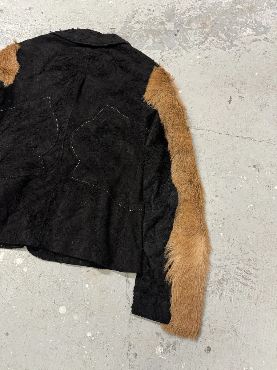 2000s Cavalli Black & Brown Fur Effect Distressed Blazer - Image 5